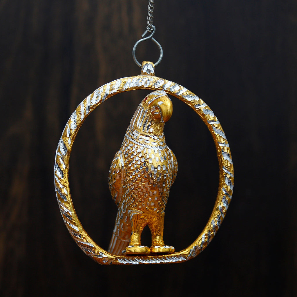 Metal Carved Golden Parrot Statue Decorative Wall Hanging Showpiece with Chain Kafalo