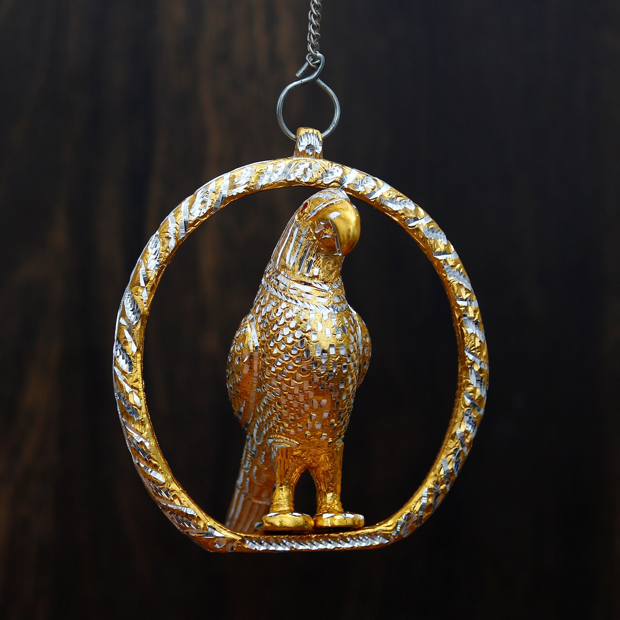 Metal Carved Golden Parrot Statue Decorative Wall Hanging Showpiece with Chain Kafalo