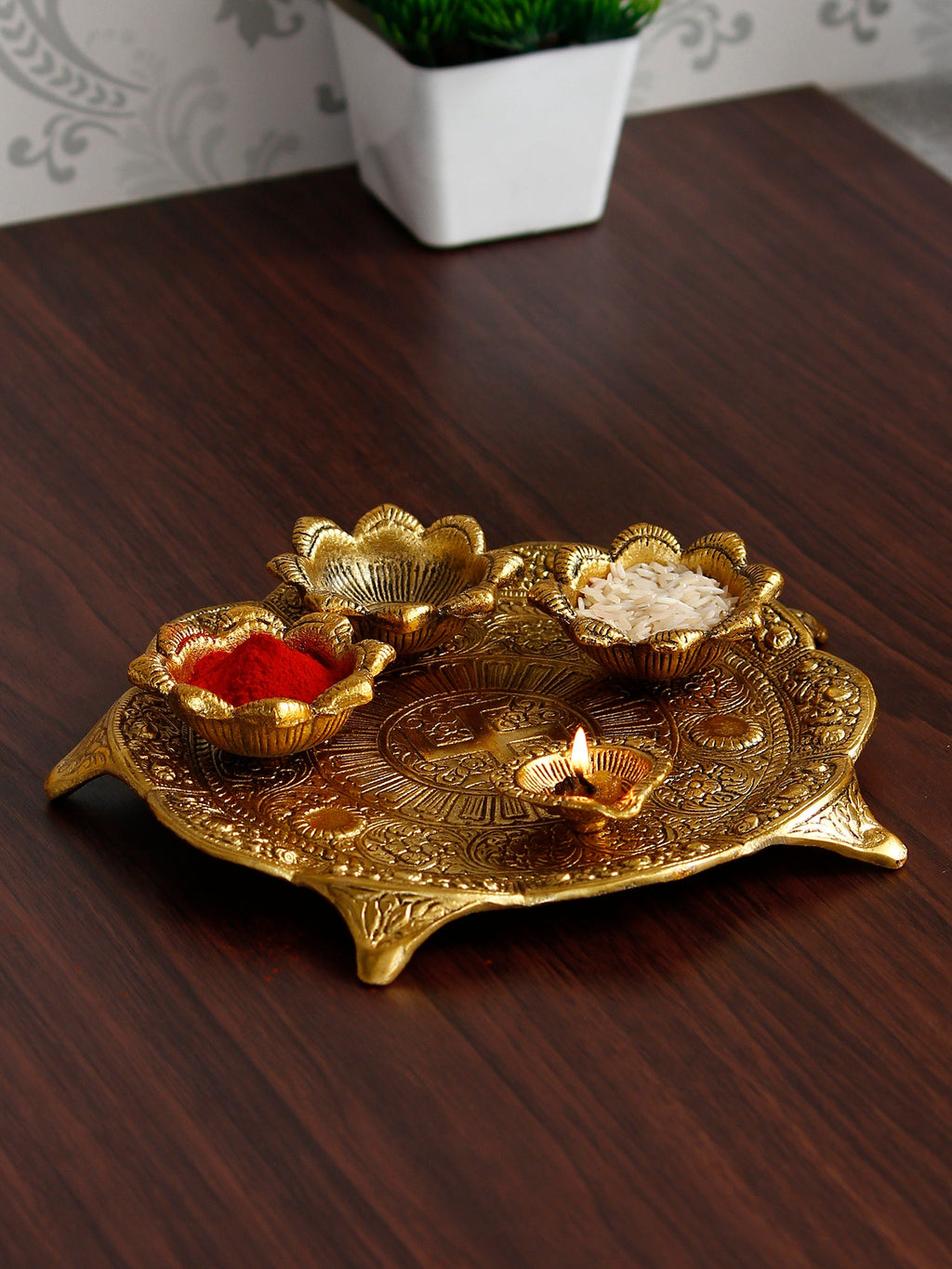 Swastik Design Golden Metal Pooja Thali with 3 Bowls and 1 Diya Kafalo