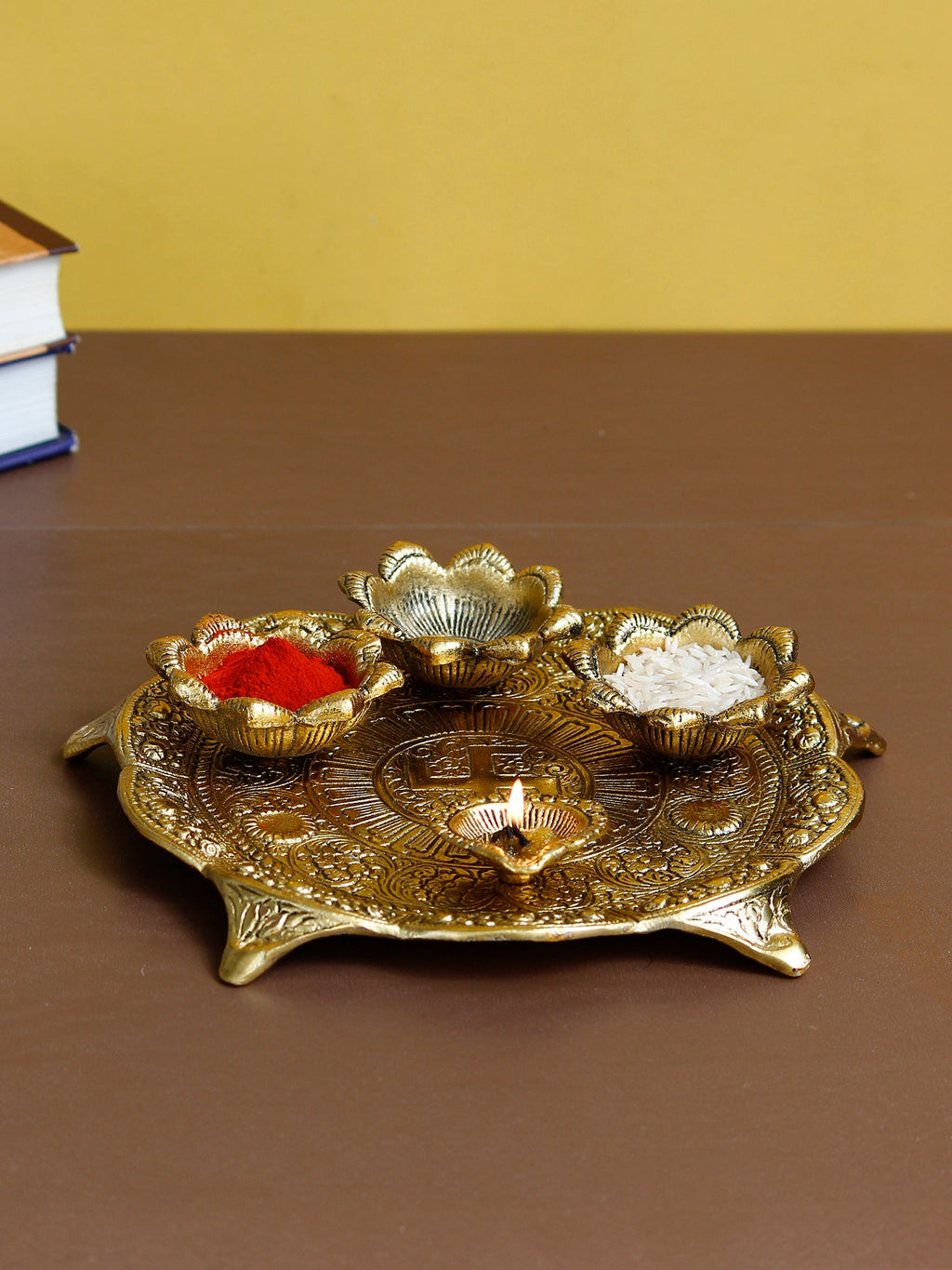Swastik Design Golden Metal Pooja Thali with 3 Bowls and 1 Diya Kafalo