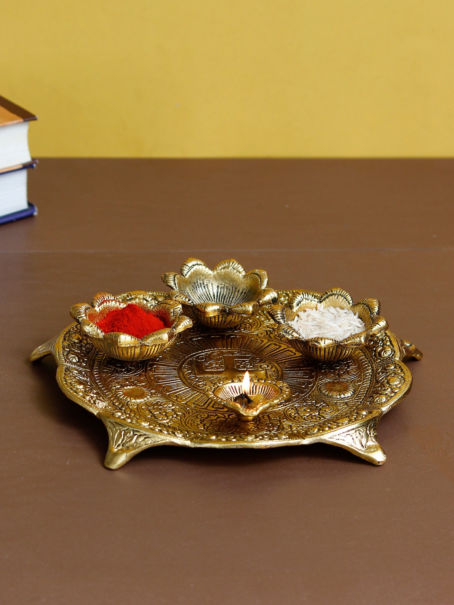 Swastik Design Golden Metal Pooja Thali with 3 Bowls and 1 Diya Kafalo