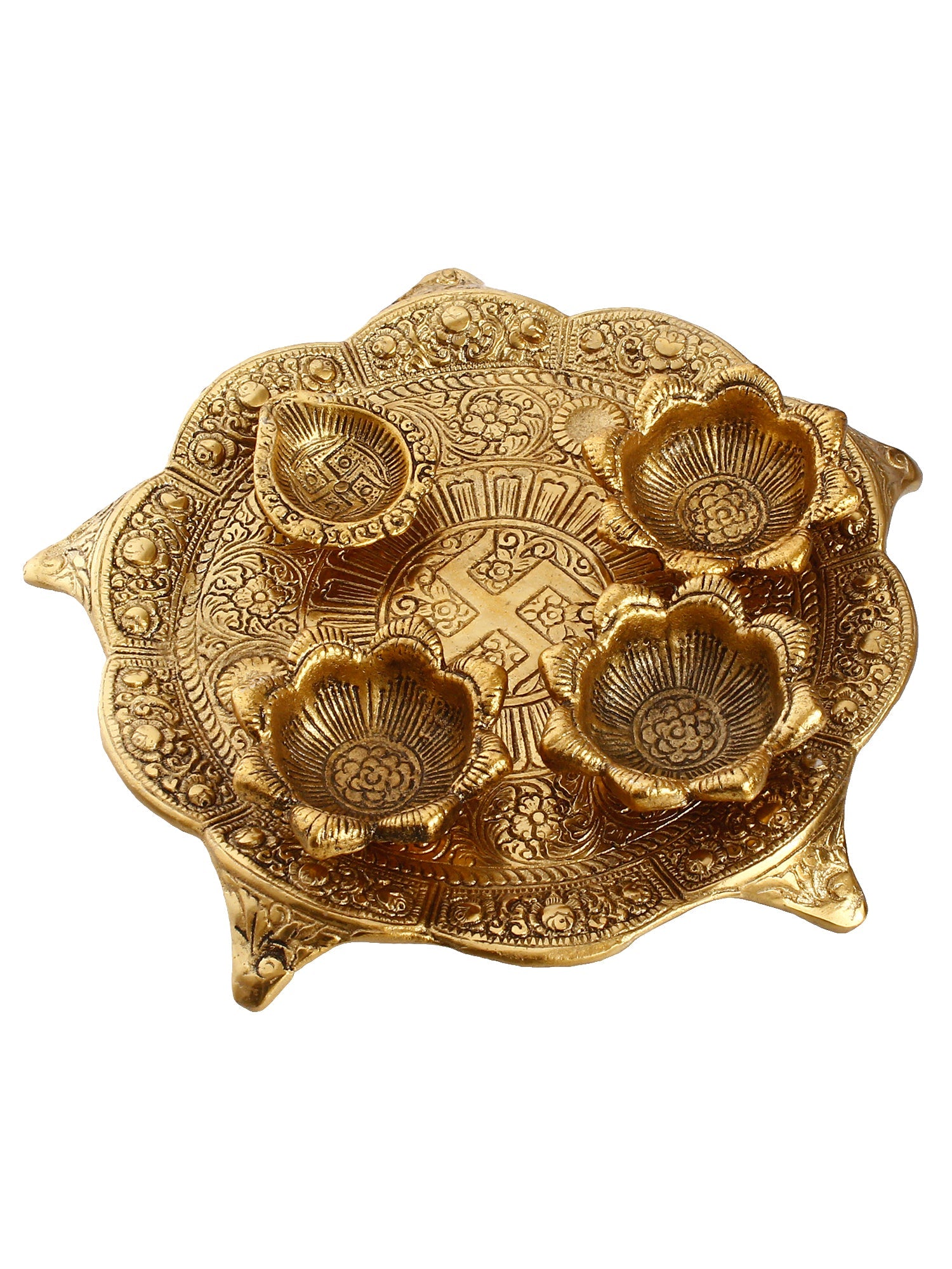 Swastik Design Golden Metal Pooja Thali with 3 Bowls and 1 Diya Kafalo