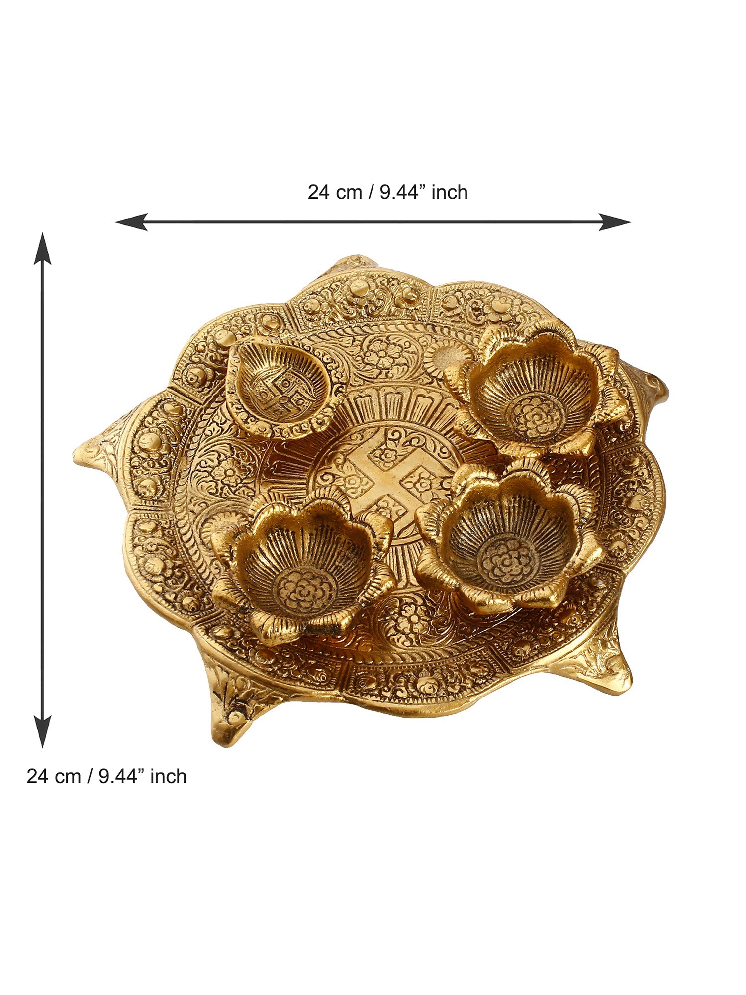 Swastik Design Golden Metal Pooja Thali with 3 Bowls and 1 Diya Kafalo