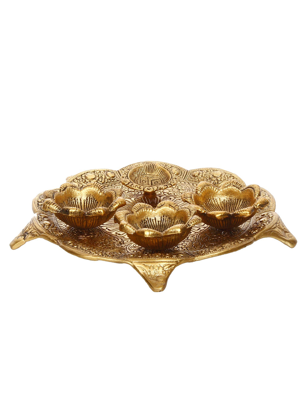 Swastik Design Golden Metal Pooja Thali with 3 Bowls and 1 Diya Kafalo