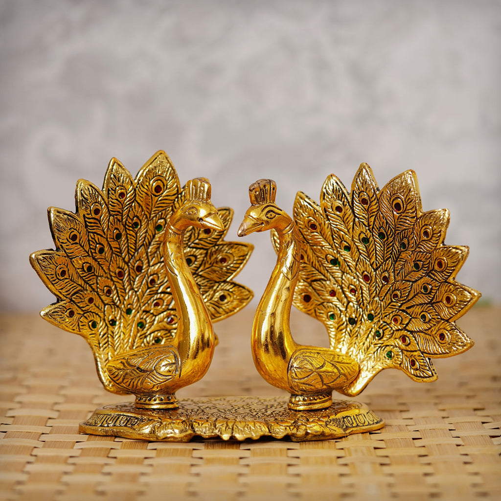 Set Of 2 Loving Golden Peacock Statue Decorative Metal Bird Figurines Kafalo