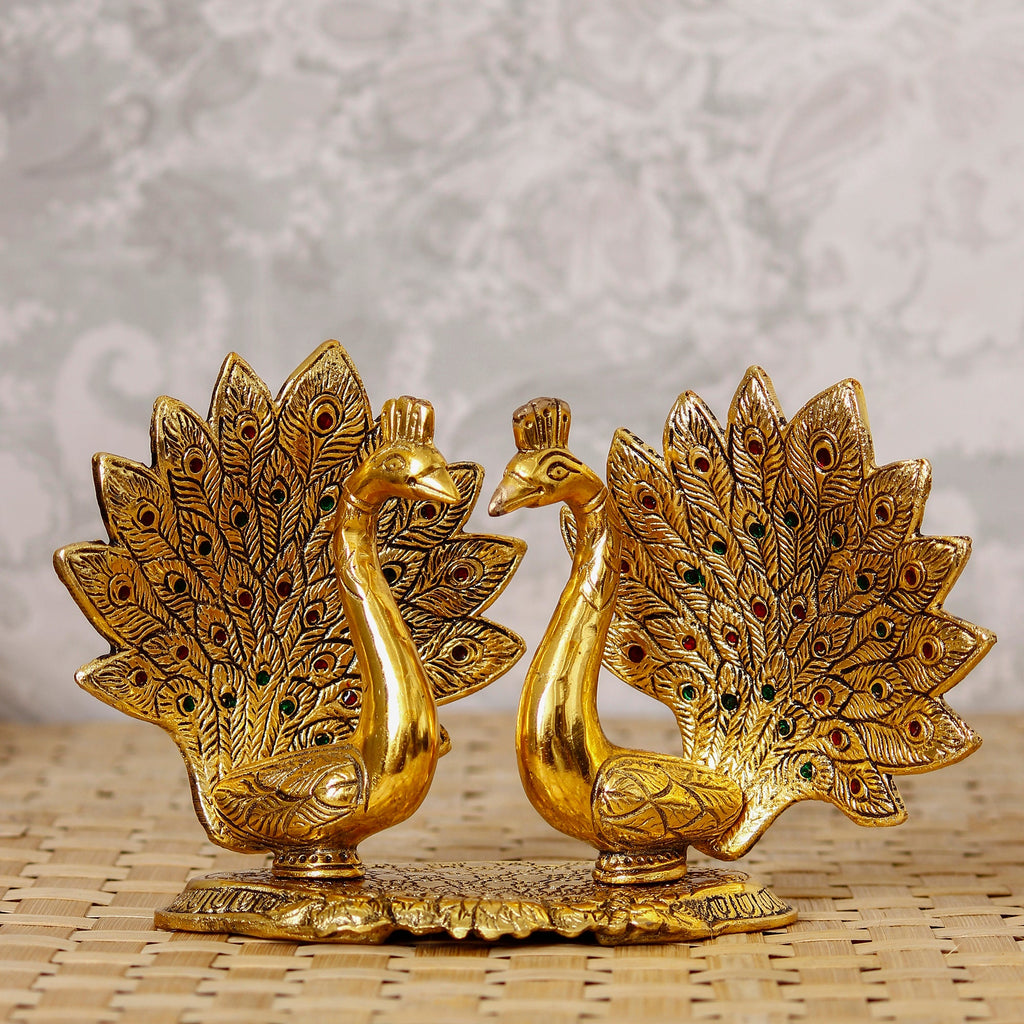 Set Of 2 Loving Golden Peacock Statue Decorative Metal Bird Figurines Kafalo