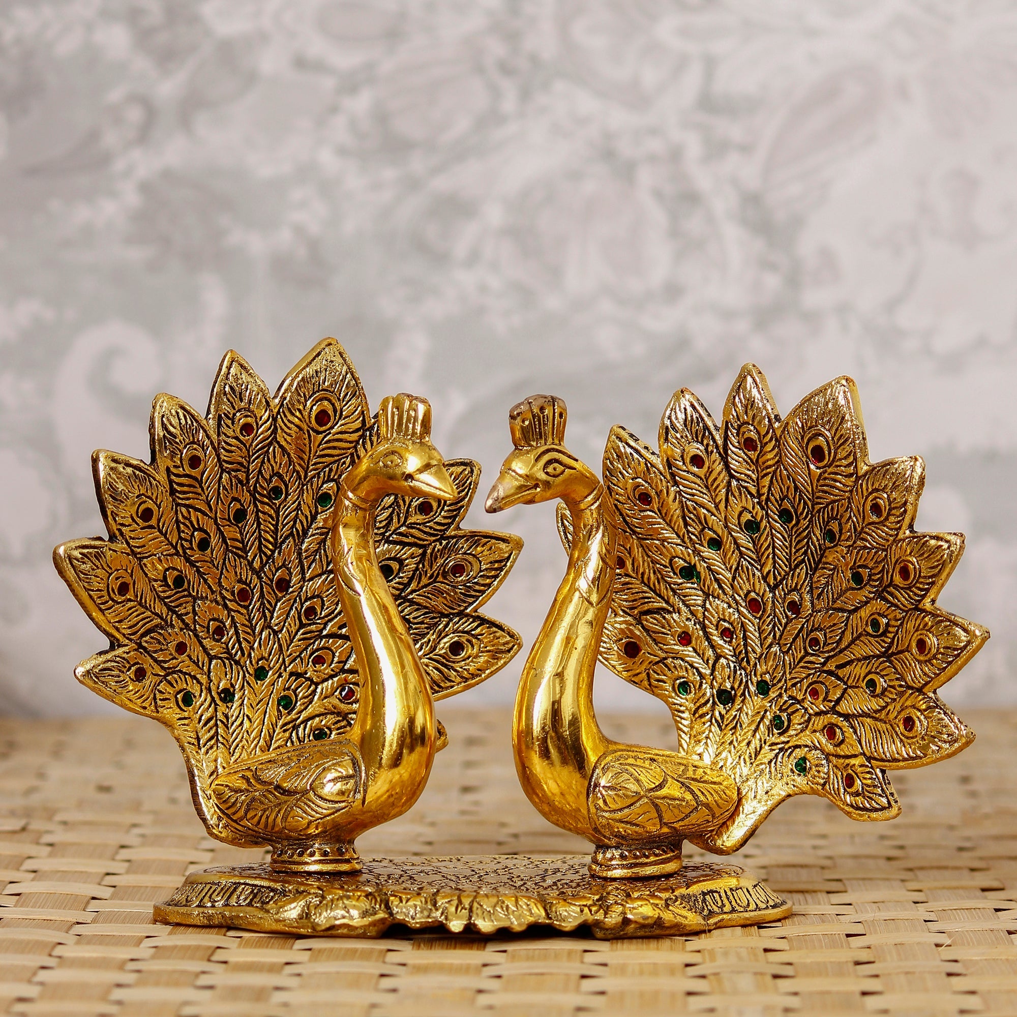 Set Of 2 Loving Golden Peacock Statue Decorative Metal Bird Figurines Kafalo