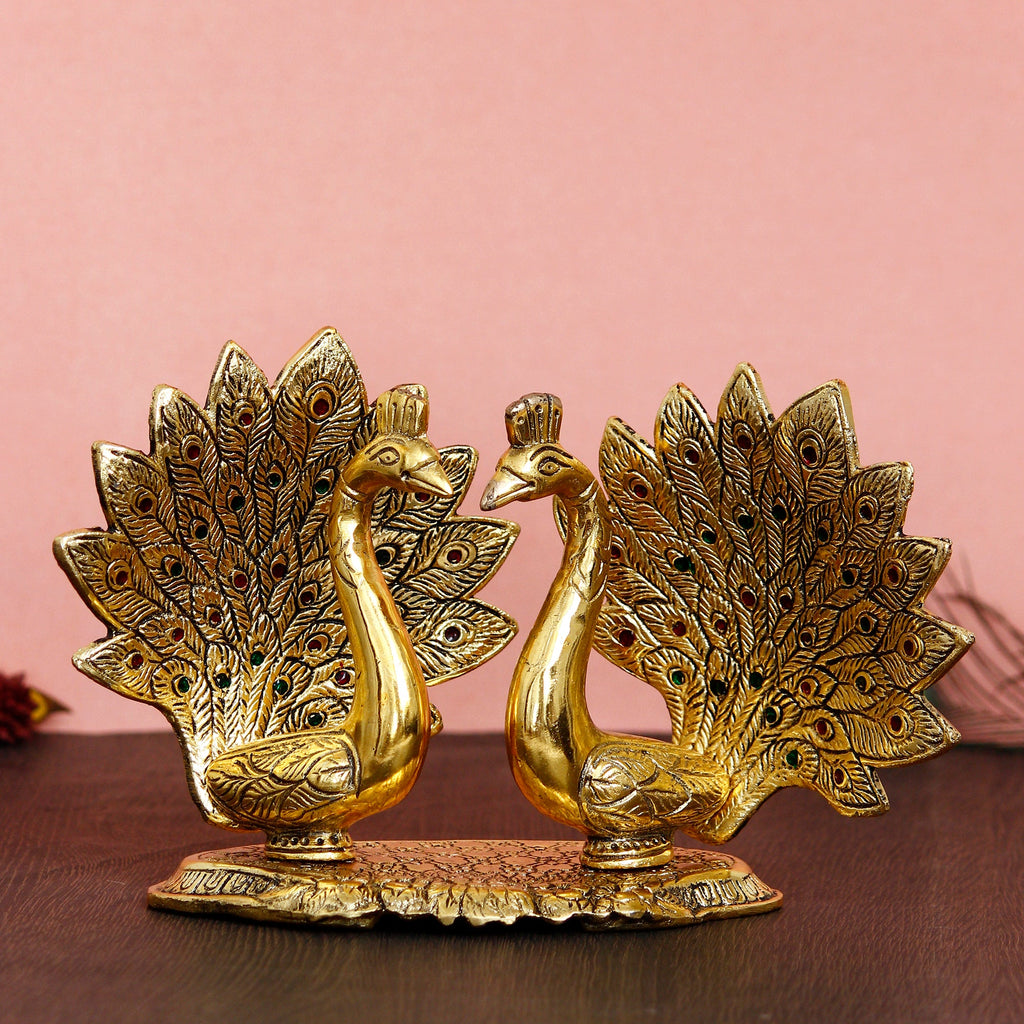 Set Of 2 Loving Golden Peacock Statue Decorative Metal Bird Figurines Kafalo