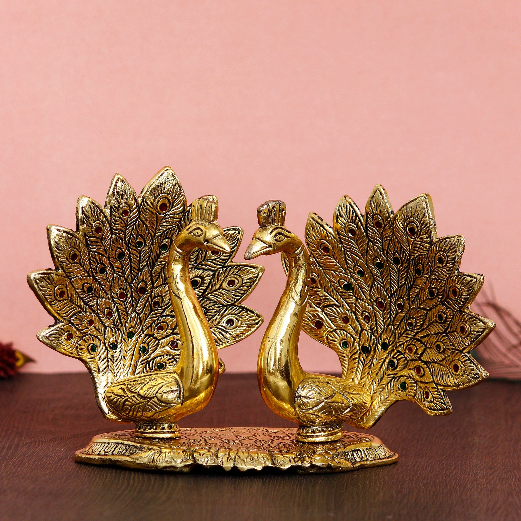 Set Of 2 Loving Golden Peacock Statue Decorative Metal Bird Figurines Kafalo
