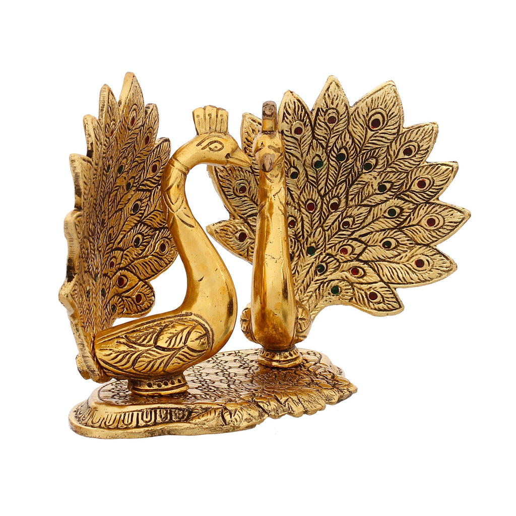 Set Of 2 Loving Golden Peacock Statue Decorative Metal Bird Figurines Kafalo