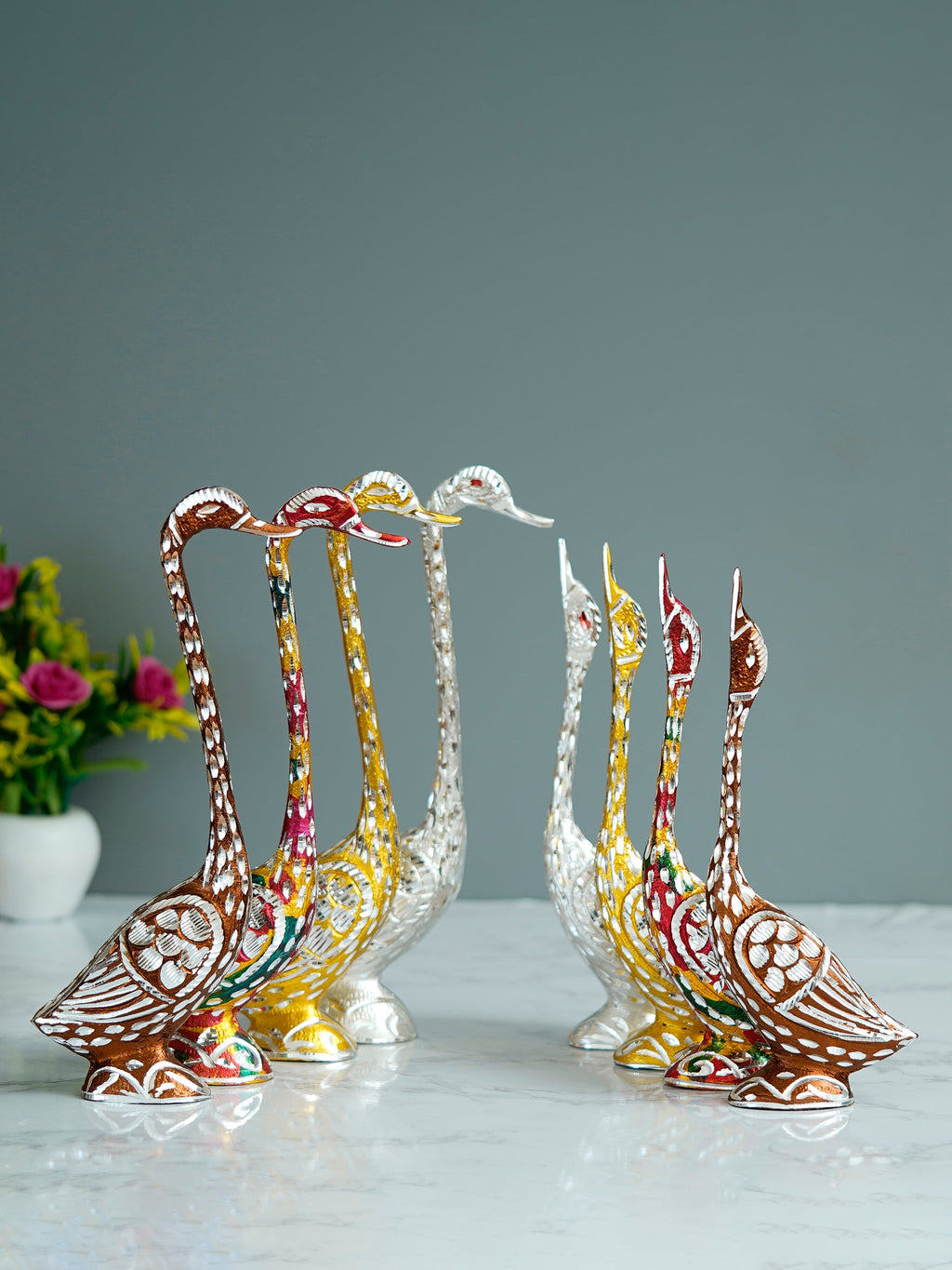 Set of Four Kissing Swan Couple Handcrafted Decorative showpiece(Colorful, Golden, Silver,Brown) Kafalo