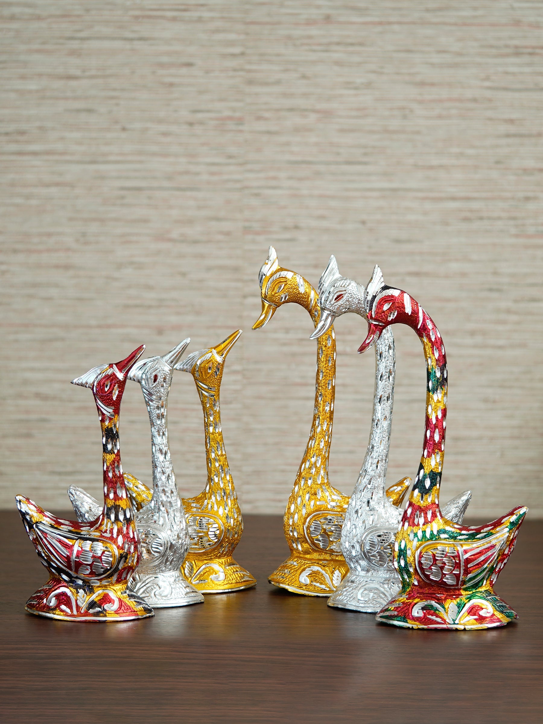 Set of Three Kissing Swan Couple Handcrafted Decorative Figurine(Colorful, Golden, Silver) Kafalo