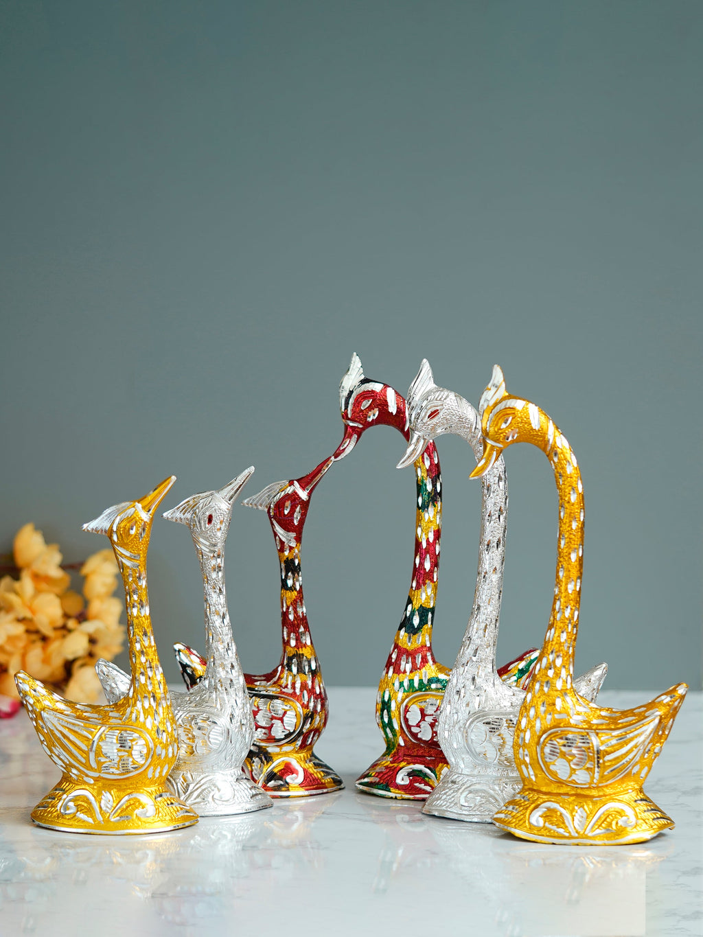 Set of Three Kissing Swan Couple Handcrafted Decorative Figurine(Colorful, Golden, Silver) Kafalo
