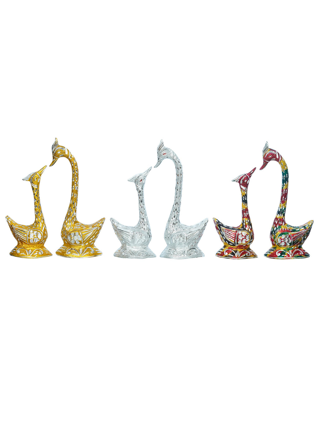 Set of Three Kissing Swan Couple Handcrafted Decorative Figurine(Colorful, Golden, Silver) Kafalo