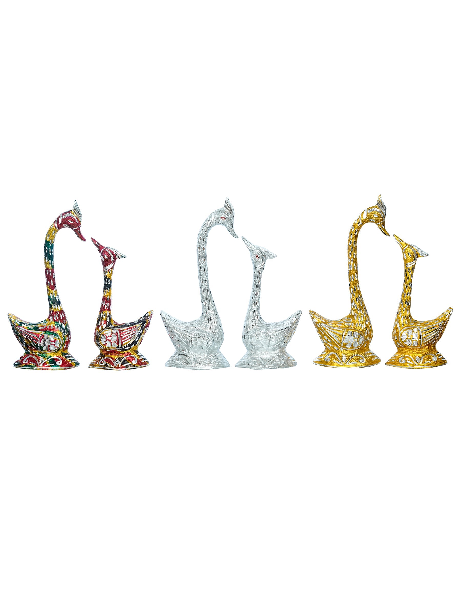 Set of Three Kissing Swan Couple Handcrafted Decorative Figurine(Colorful, Golden, Silver) Kafalo