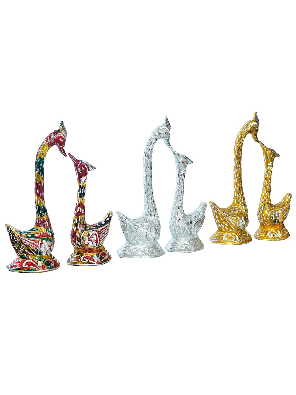 Set of Three Kissing Swan Couple Handcrafted Decorative Figurine(Colorful, Golden, Silver) Kafalo