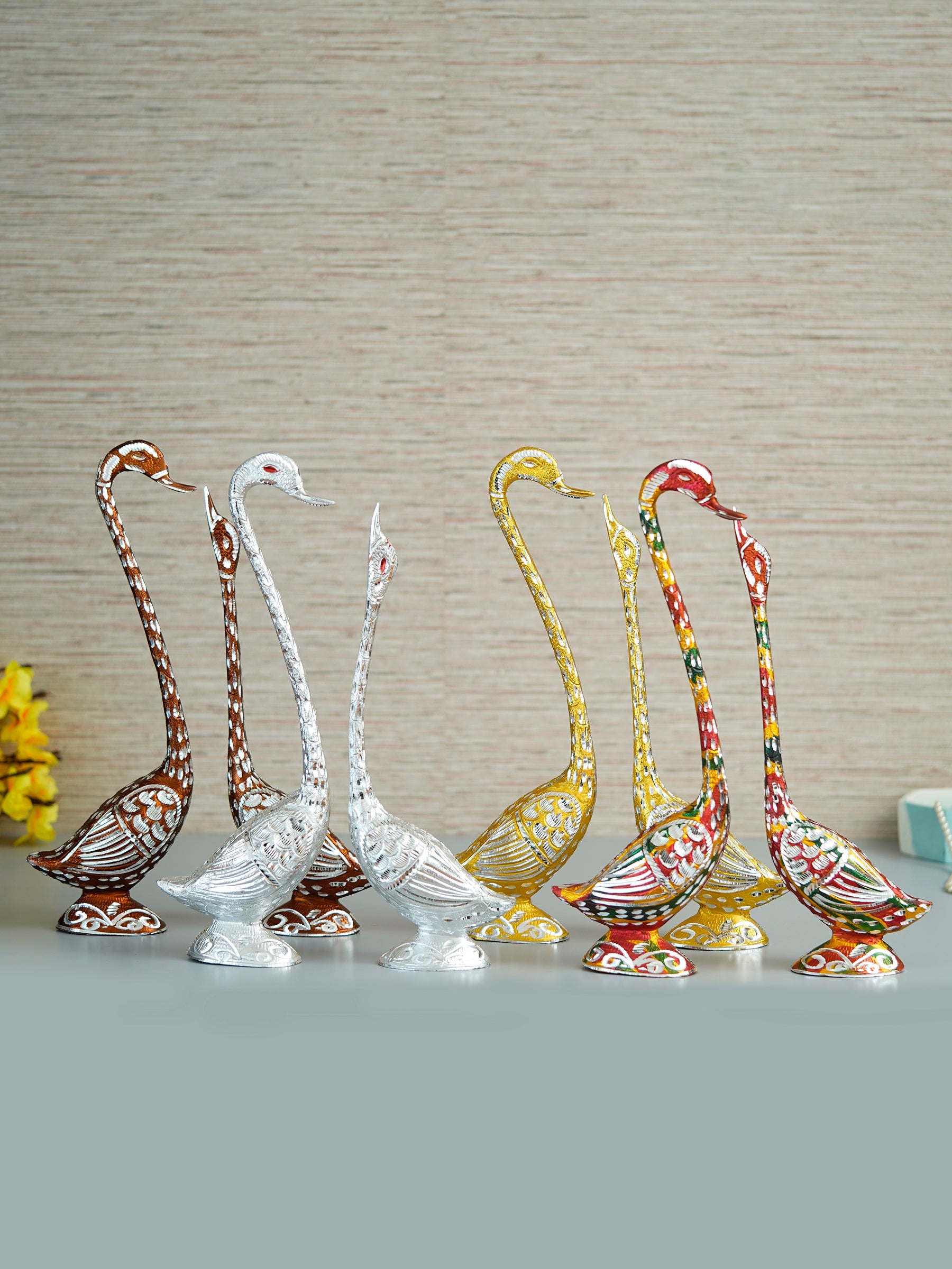 Set of Four Kissing Swan Couple Handcrafted Decorative showpieces(Colorful, Golden, Silver,Brown) Kafalo