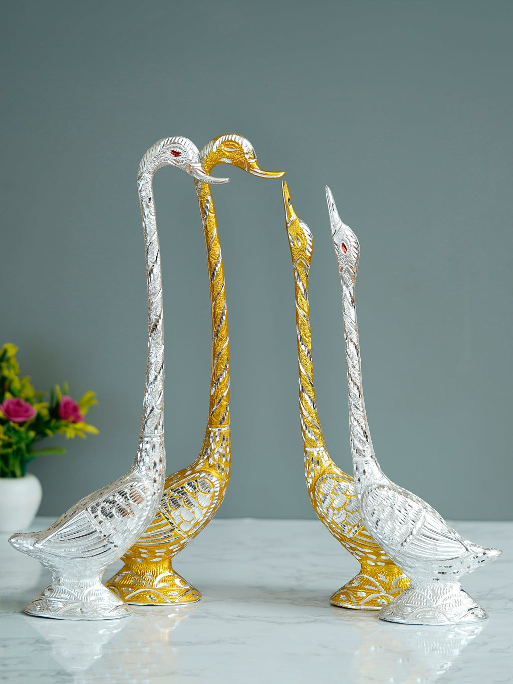 Set of Two 16.5 Inch Silver Kissing Swan Couple Handcrafted Decorative Figurine Kafalo