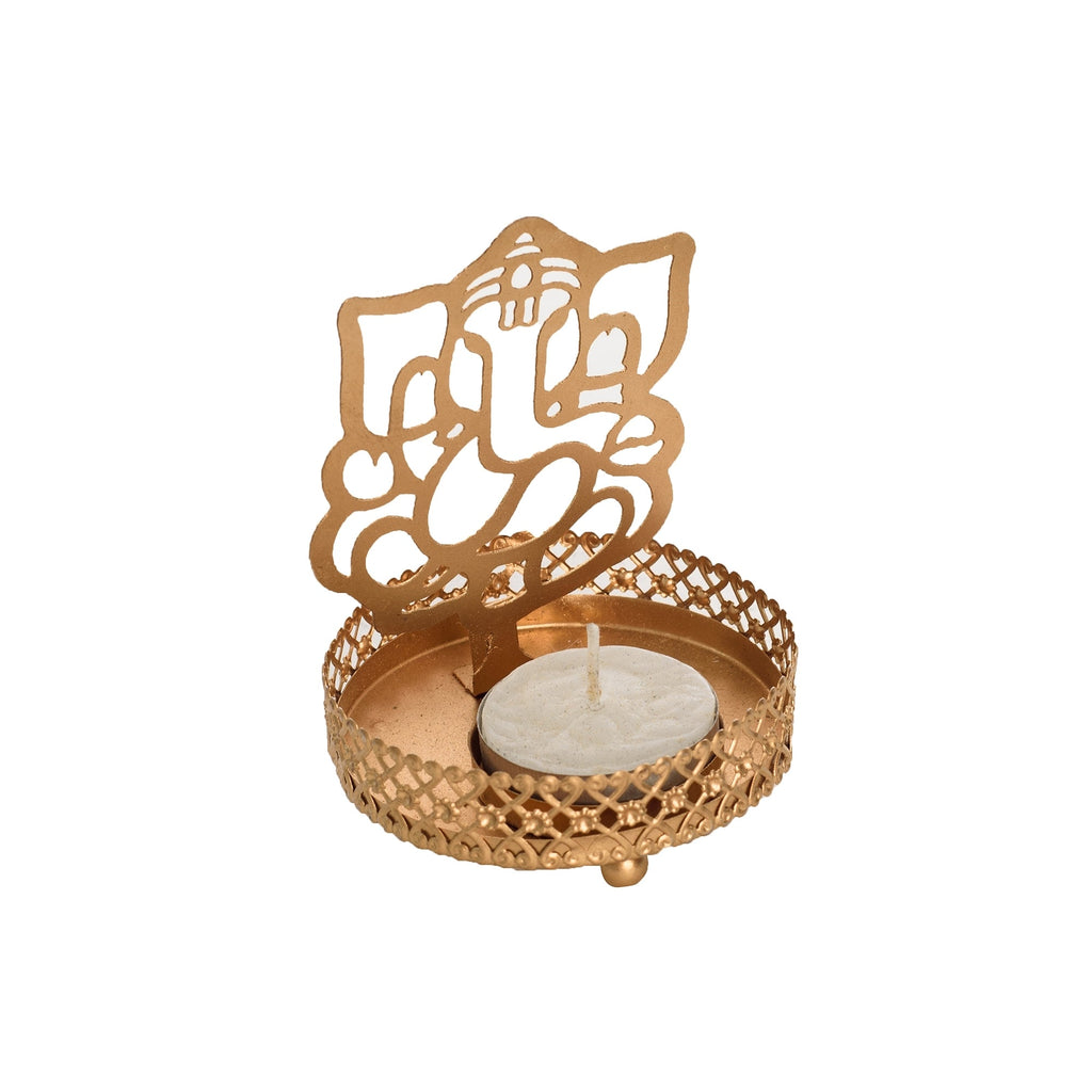 Metal Golden Lord Ganesha tea light candle holder that cast shadows Kafalo