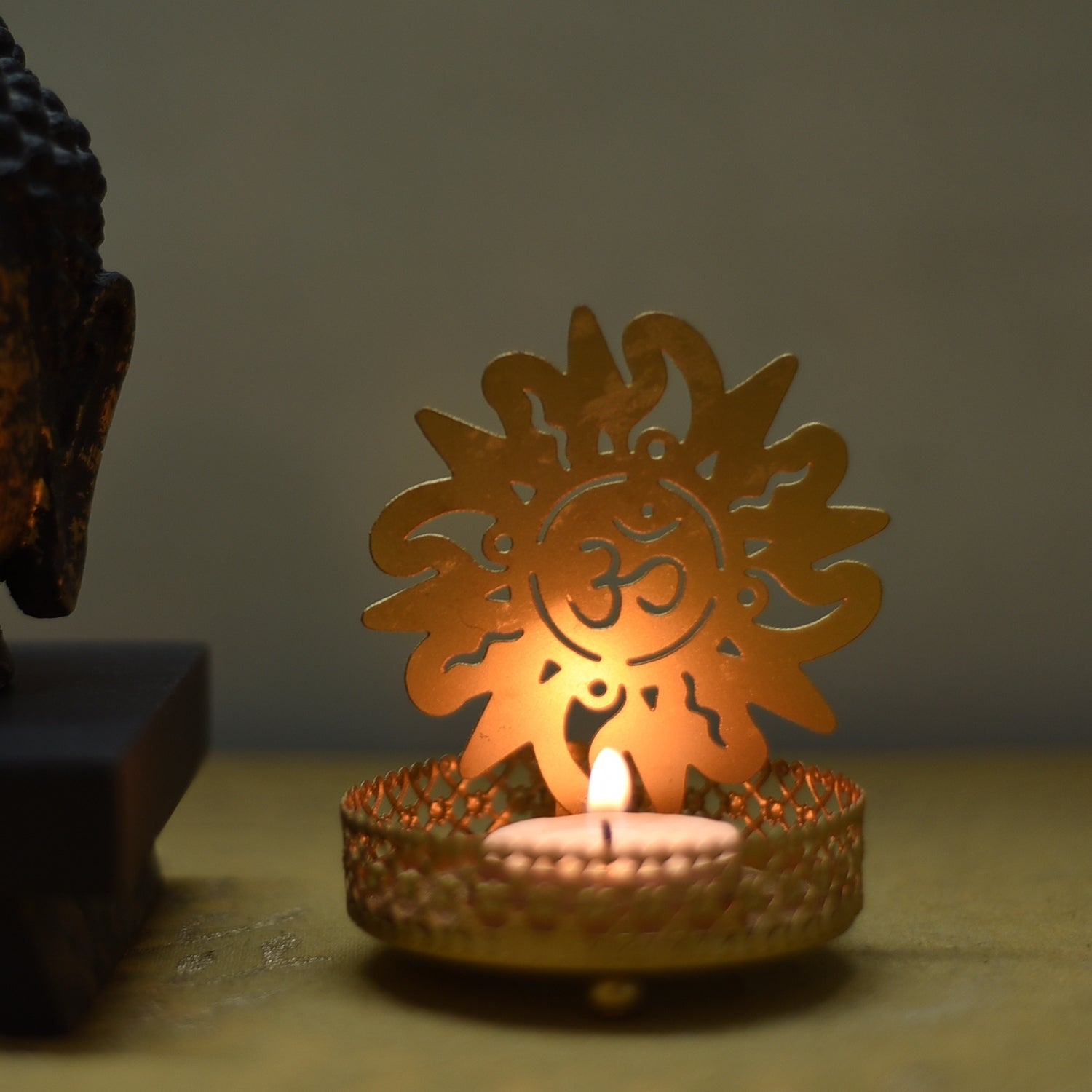 Golden Om Shadow Tea Light Candle Holder Kafalo