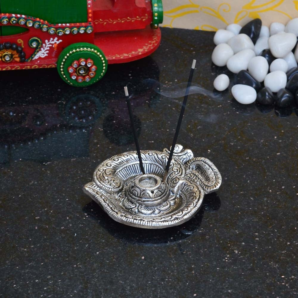Silver Metal Om Incense Stick Holder, Agarbatti Stand Kafalo