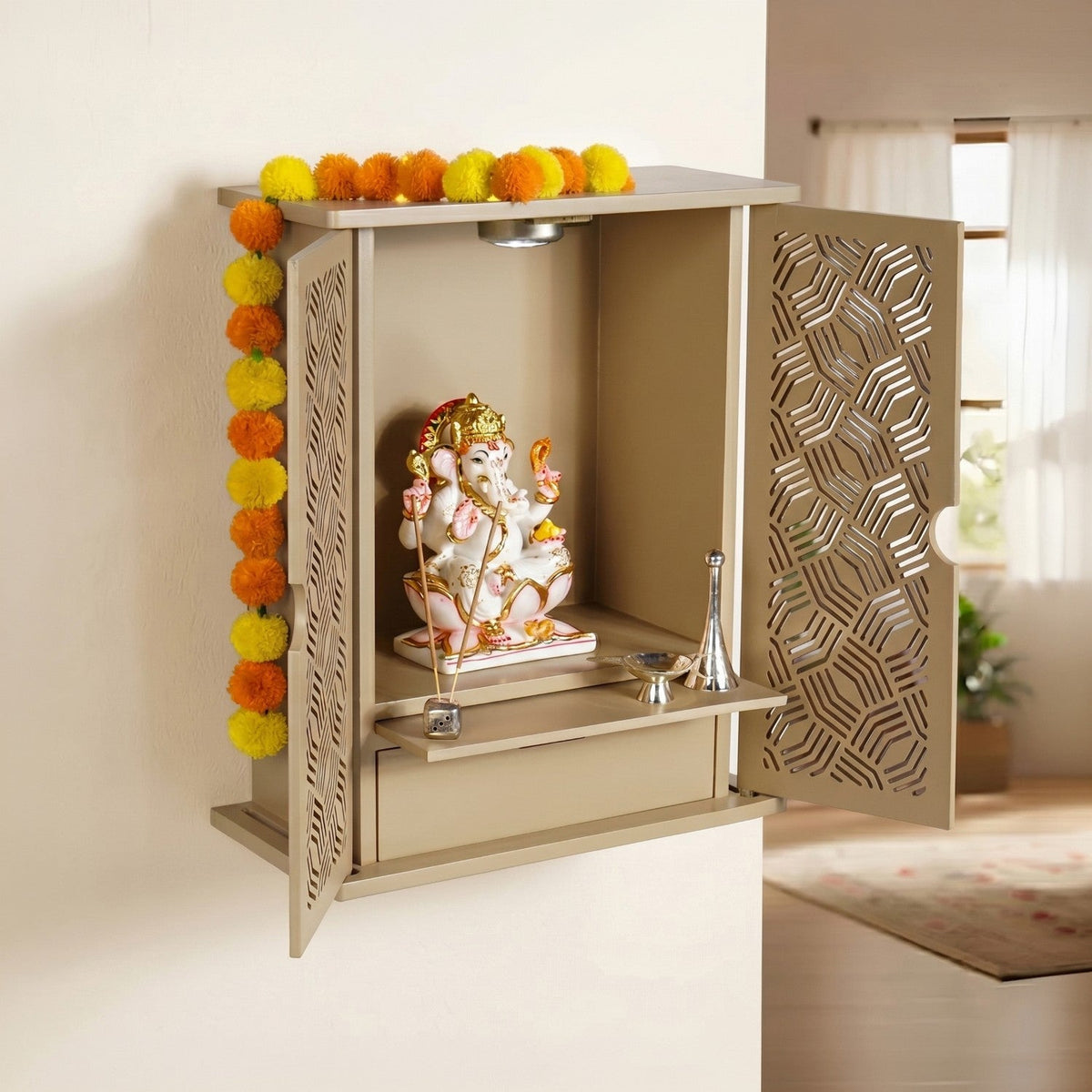 Pooja Mandir For Home And Office With LED Light Beige 36x19x44cm Nestasia