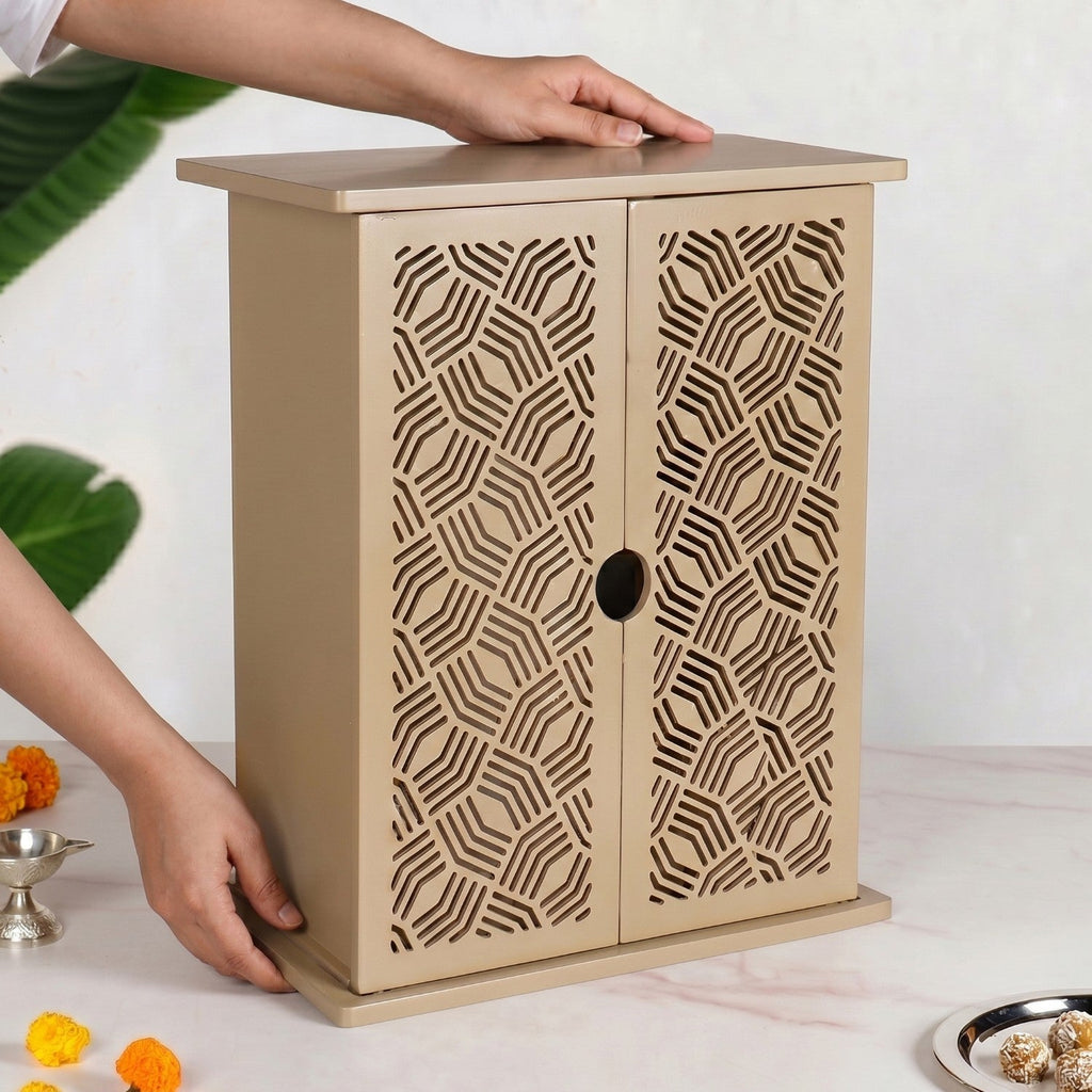 Pooja Mandir For Home And Office With LED Light Beige 36x19x44cm Nestasia