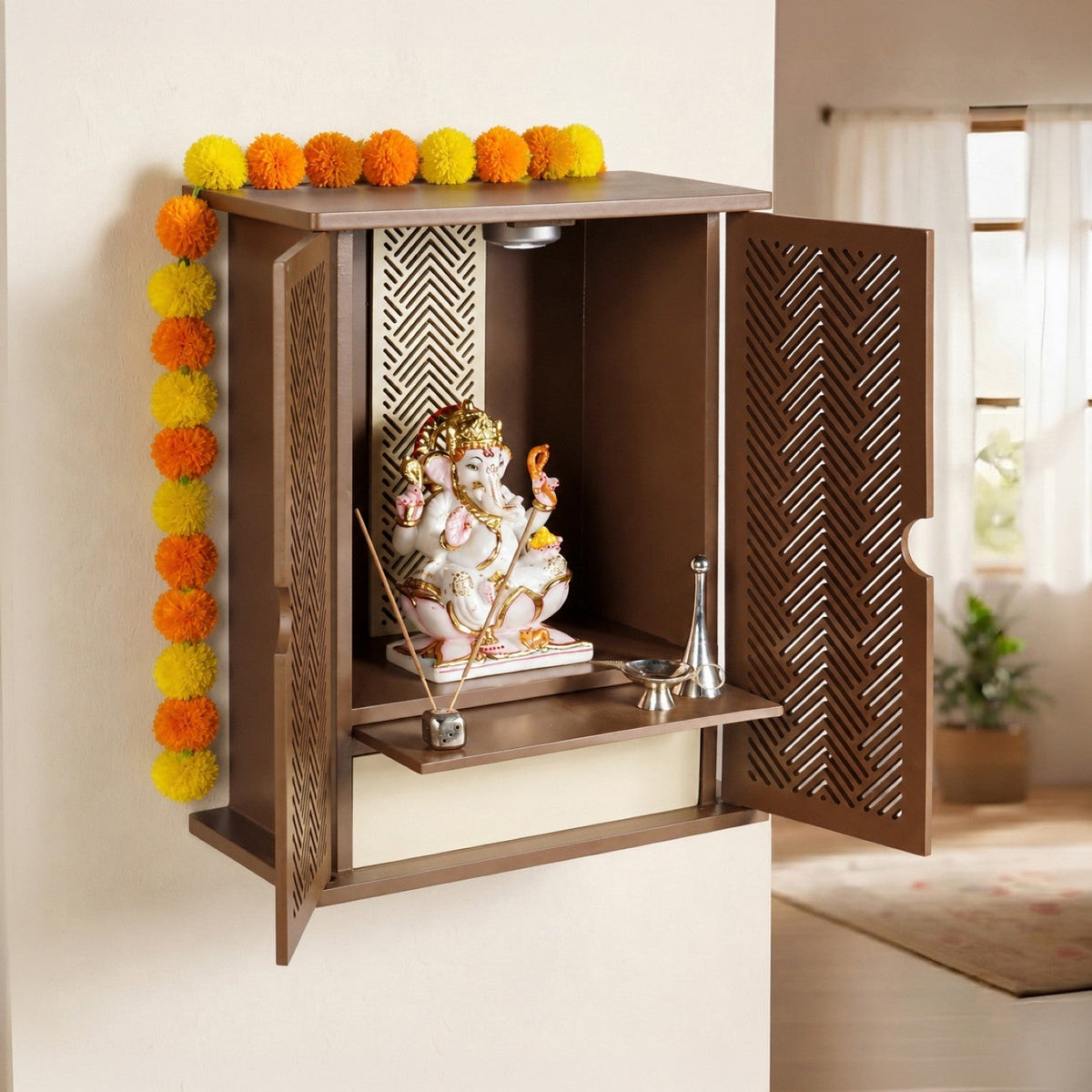Blessed Pooja Mandir For Home Office With LED Light 36x19x44cm Brown Nestasia