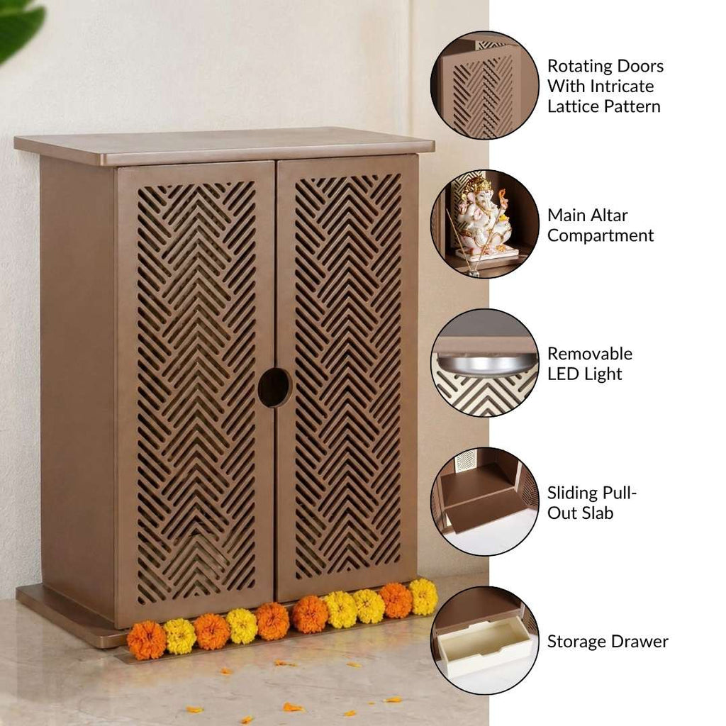 Blessed Pooja Mandir For Home Office With LED Light 36x19x44cm Brown Nestasia