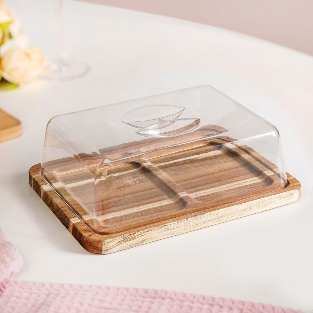 Acacia Wood Bread Box With Transparent Cloche 22cm Nestasia
