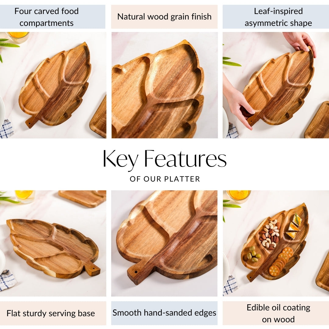 Sectioned Leaf Snack Platter Acacia Wood 12 Inch Nestasia