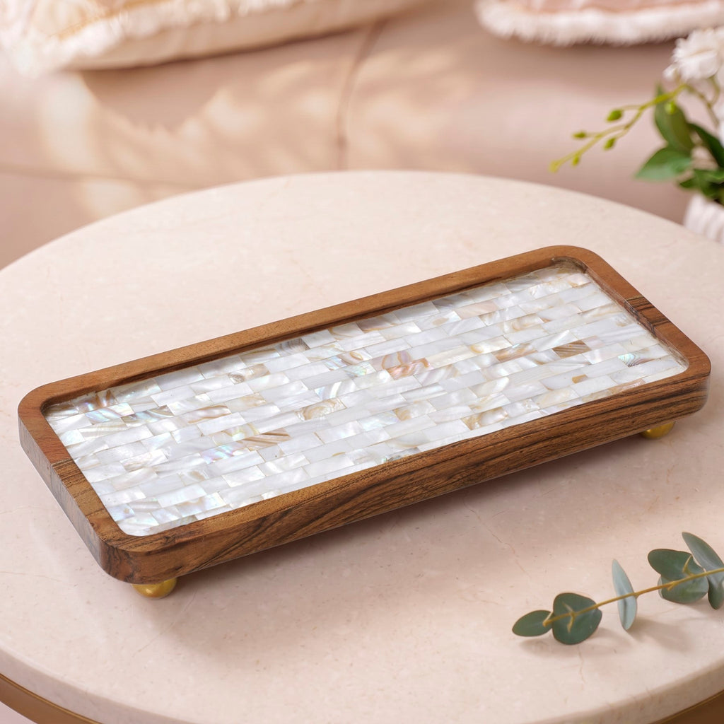 Acacia Serving Platter With Mother Of Pearl 35x15cm Nestasia