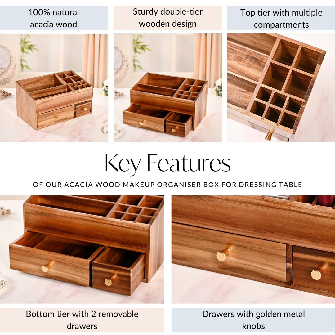 Acacia Wood Makeup Organiser Box For Dressing Table Nestasia
