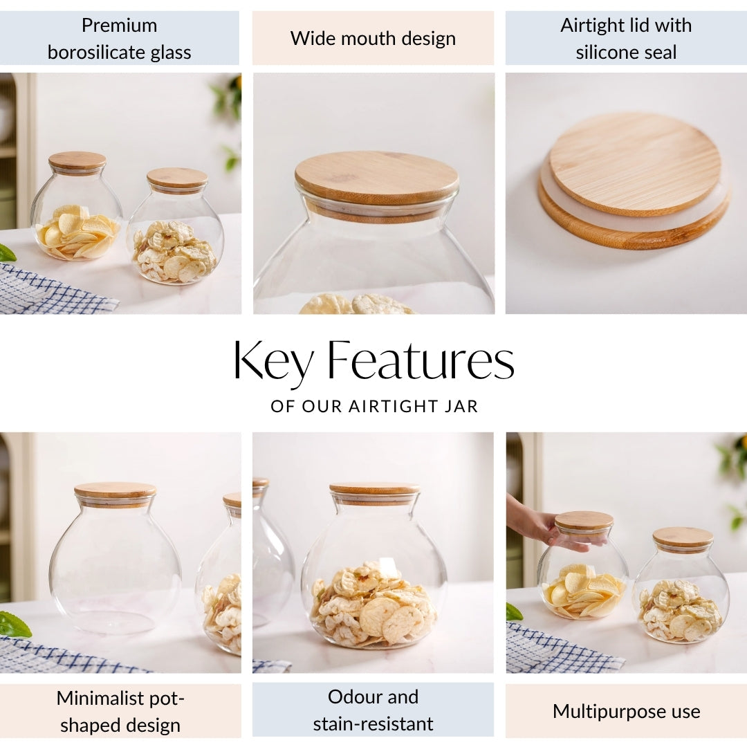 Round Shape Airtight Glass Jar Set Of 2 Large 1200ml Nestasia