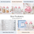Airtight Glass Jar With Pink Bird Ceramic Lid Set Of 2 1300ml Nestasia