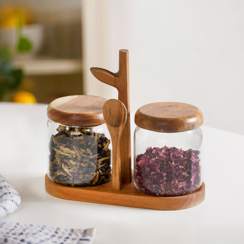 Acacia Wood Glass Jars And Spoon With Leaf Stand Nestasia