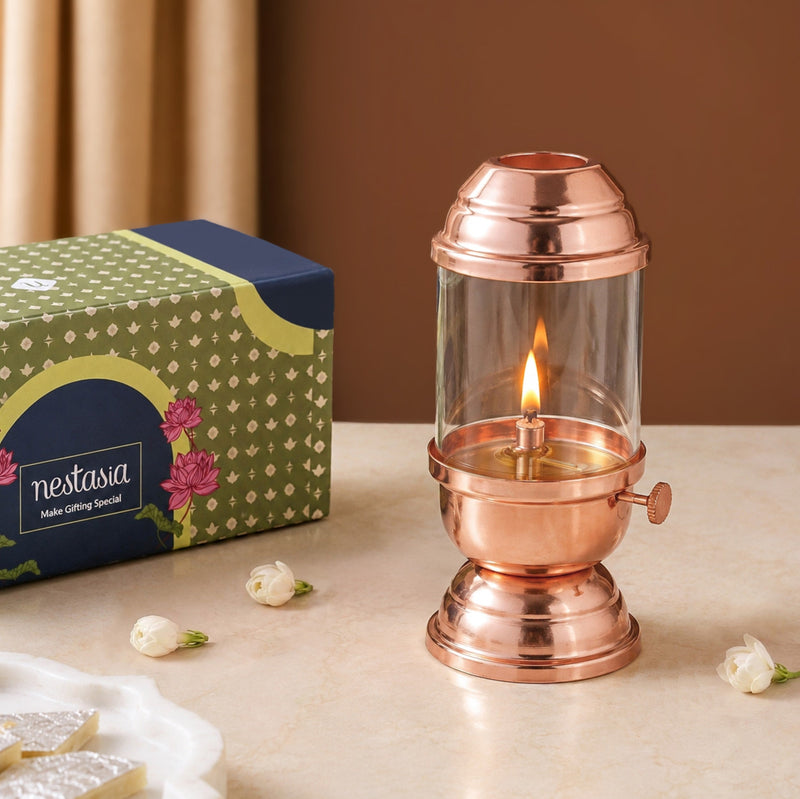Akhand Jyoti Diya With Glass Cover And Lid In Gift Box Nestasia