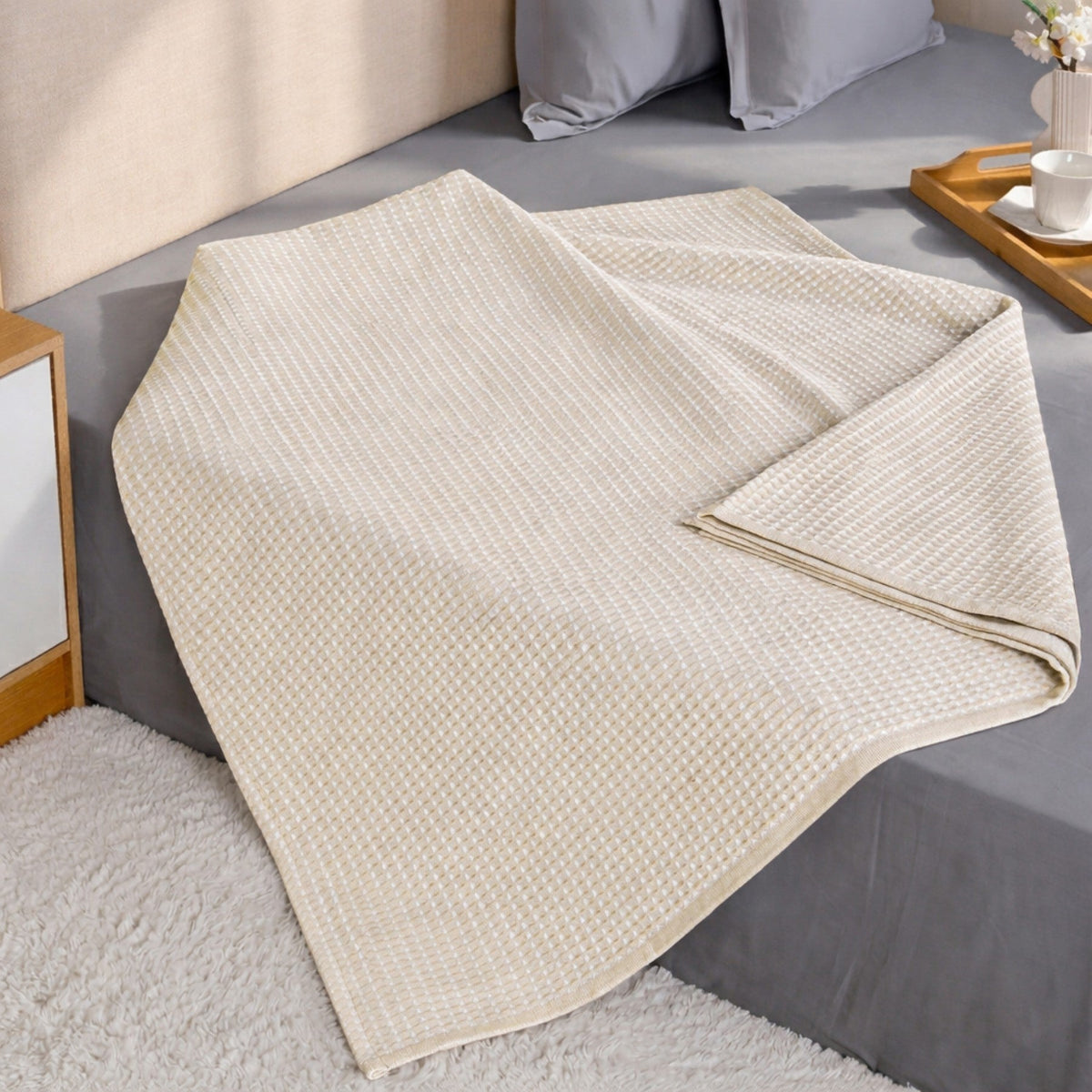 All Season Waffle Sofa Throw Blanket Beige White 220x200cm Nestasia