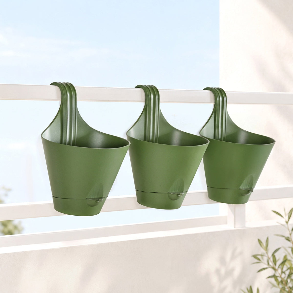 Alpina Balcony And Terrace Self Watering Railing Planter Olive Green Set Of 3 Nestasia