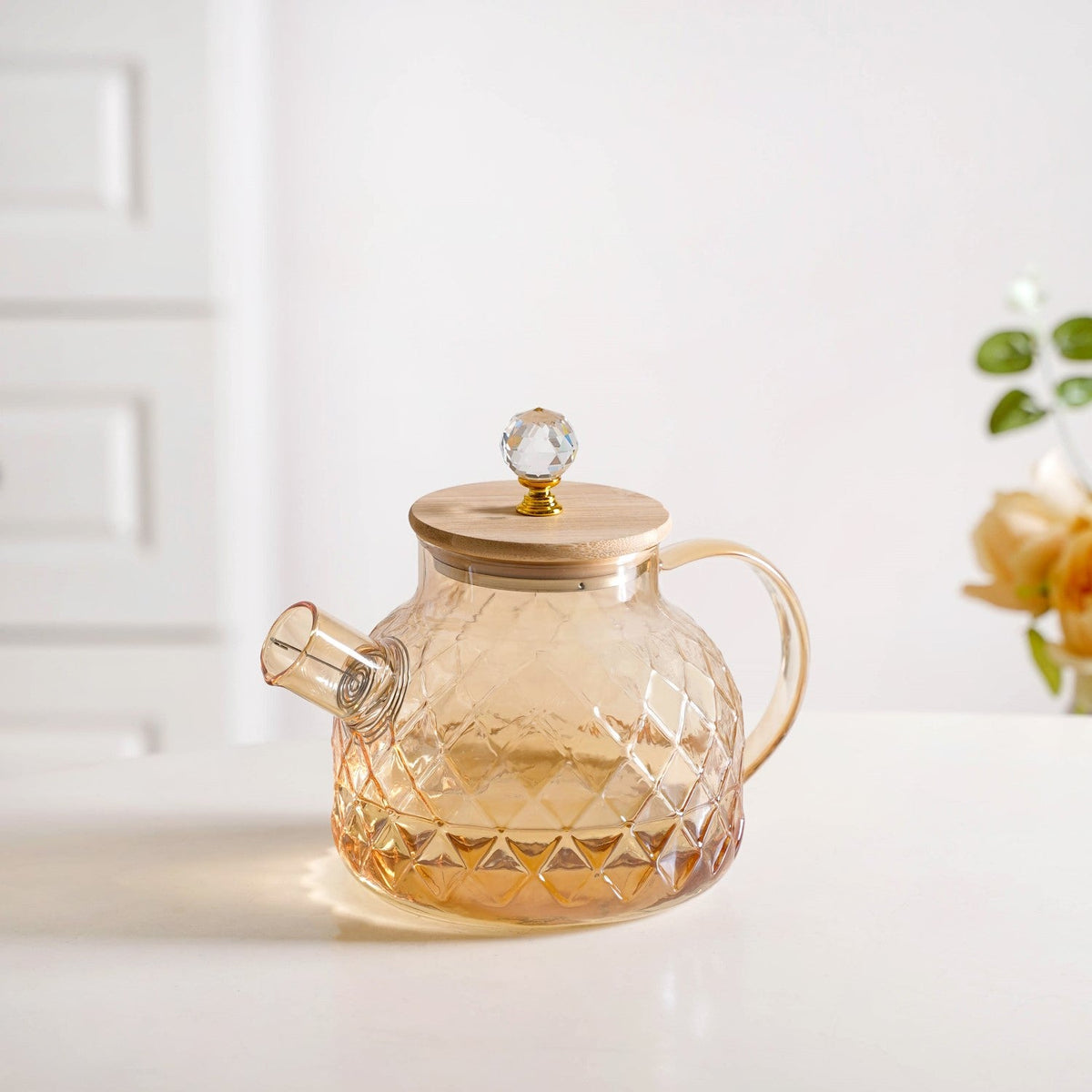 Amber Diamond Glass Jug with Bamboo Lid 1300ml Nestasia