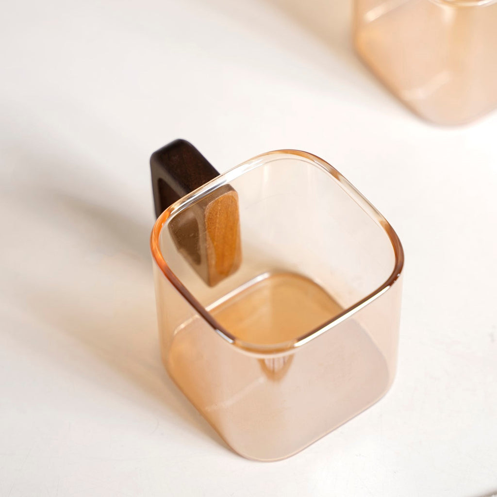Amber Tinted Square Cups With Wooden Handle Set Of 4 200ml Nestasia