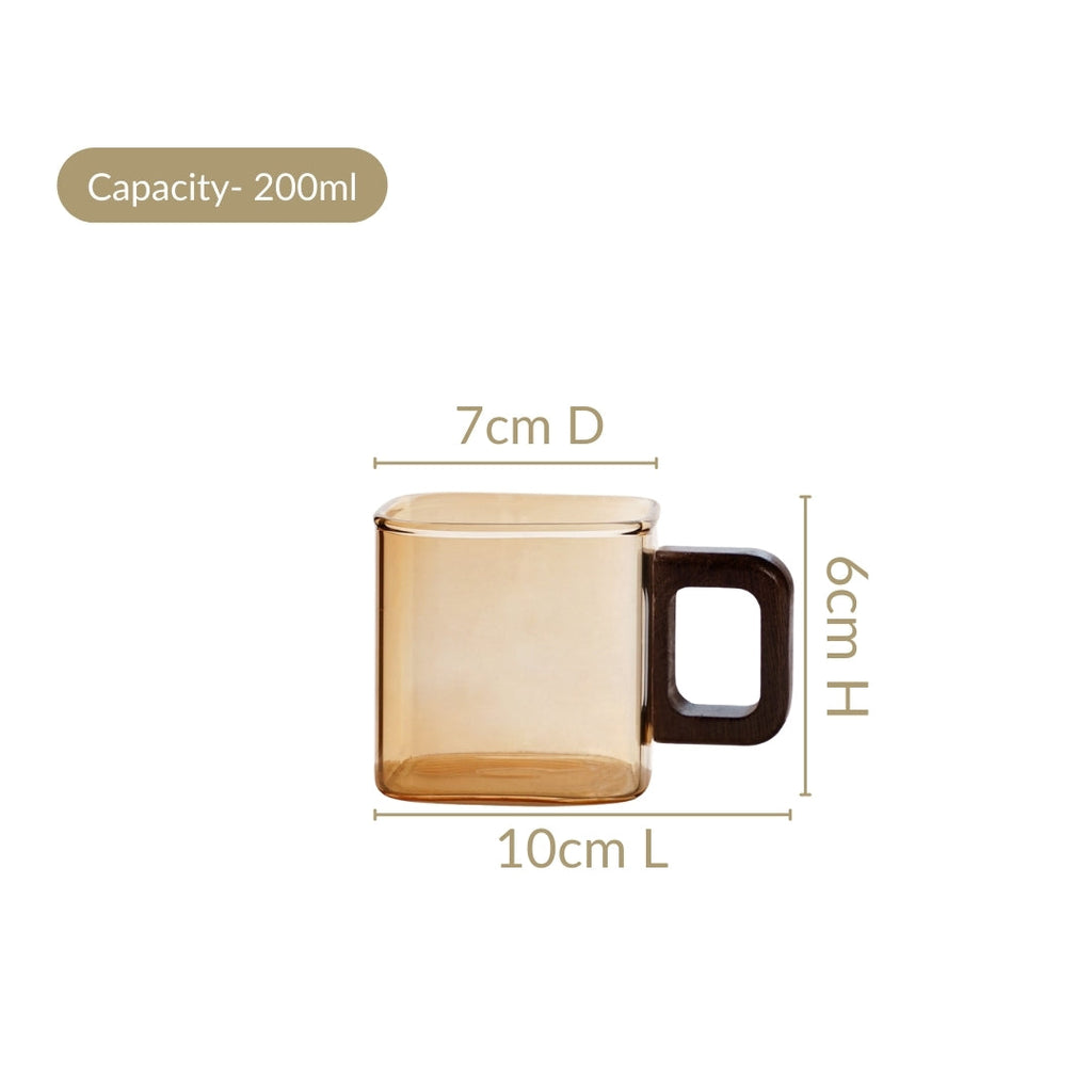 Amber Tinted Square Cups With Wooden Handle Set Of 4 200ml Nestasia
