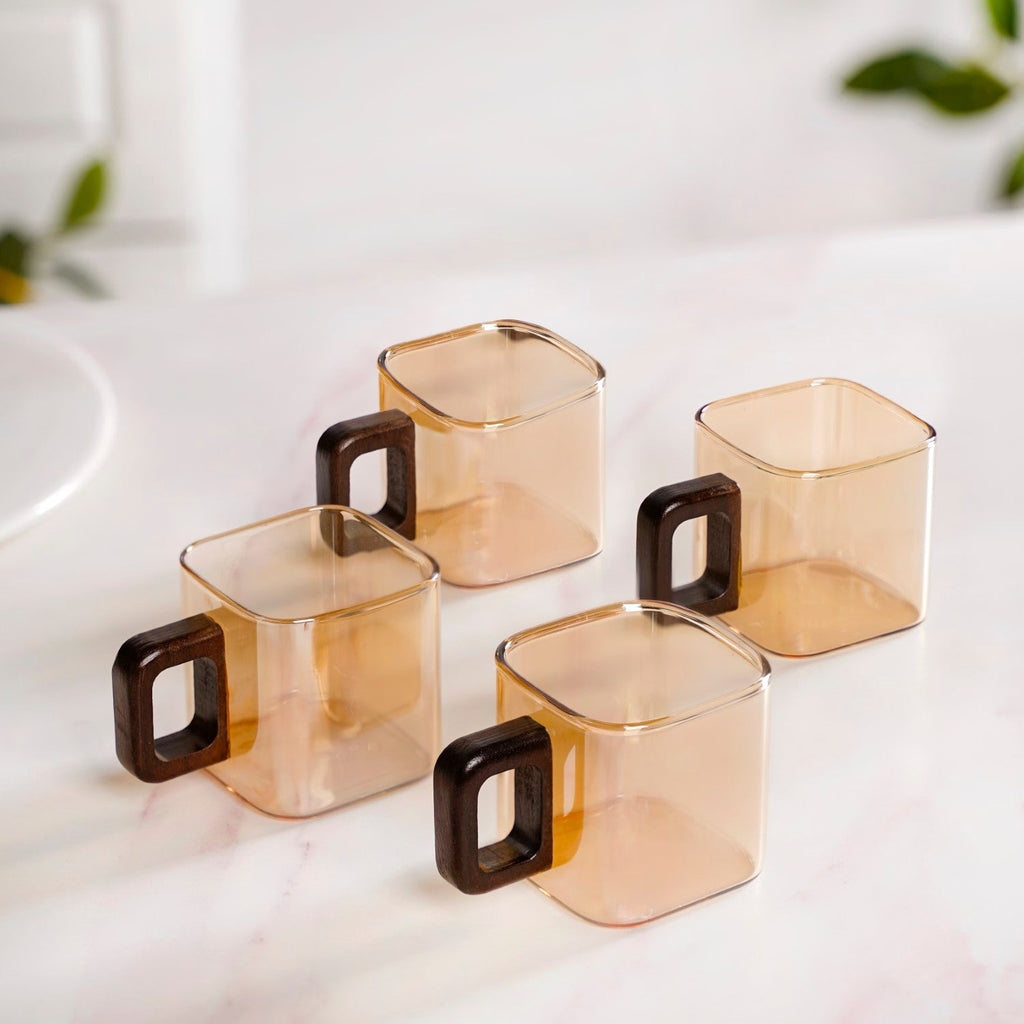Amber Tinted Square Cups With Wooden Handle Set Of 4 200ml Nestasia