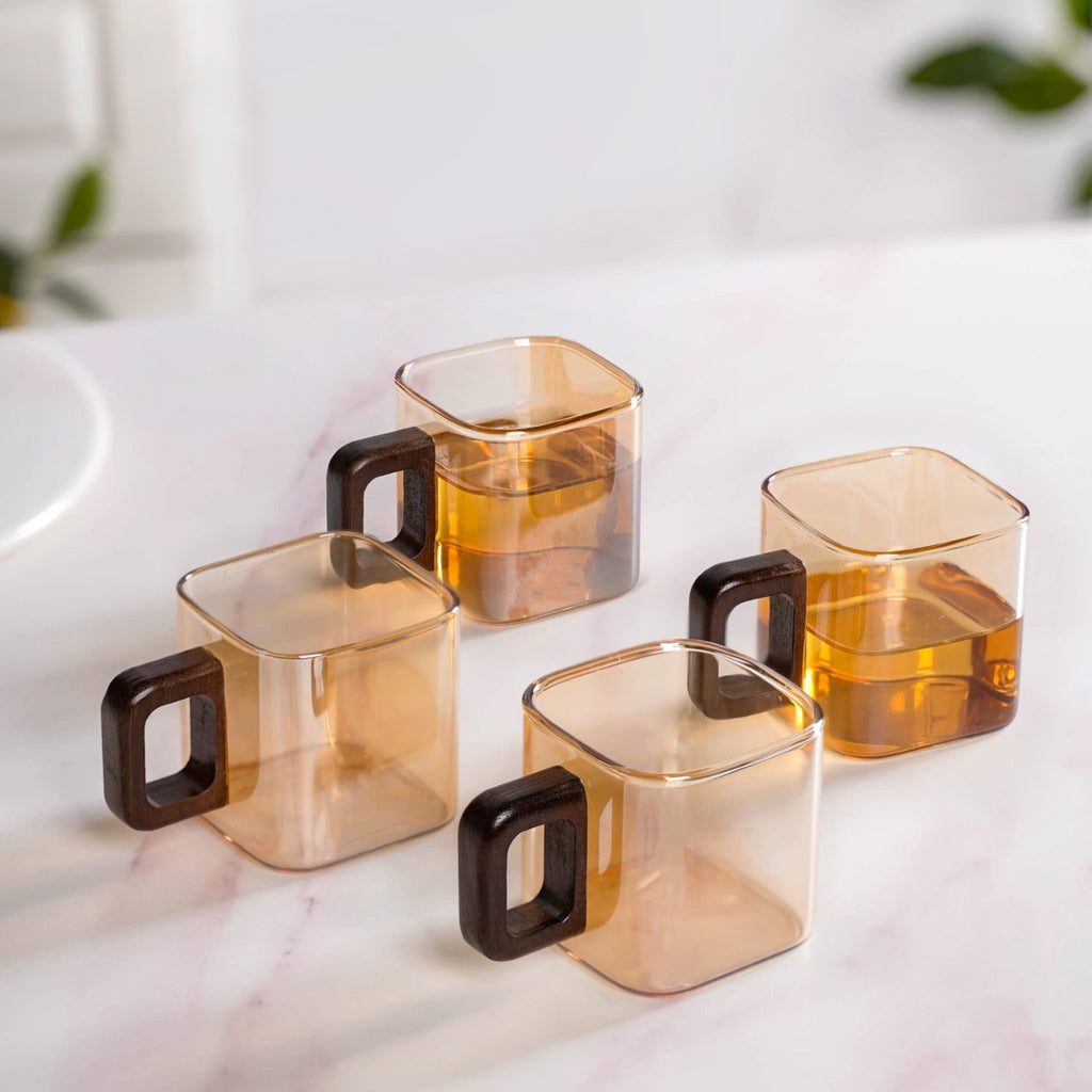 Amber Tinted Square Cups With Wooden Handle Set Of 4 200ml Nestasia