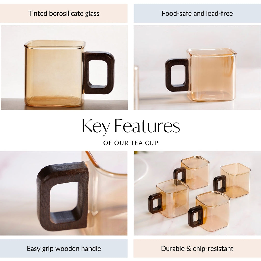 Amber Tinted Square Cups With Wooden Handle Set Of 4 200ml Nestasia