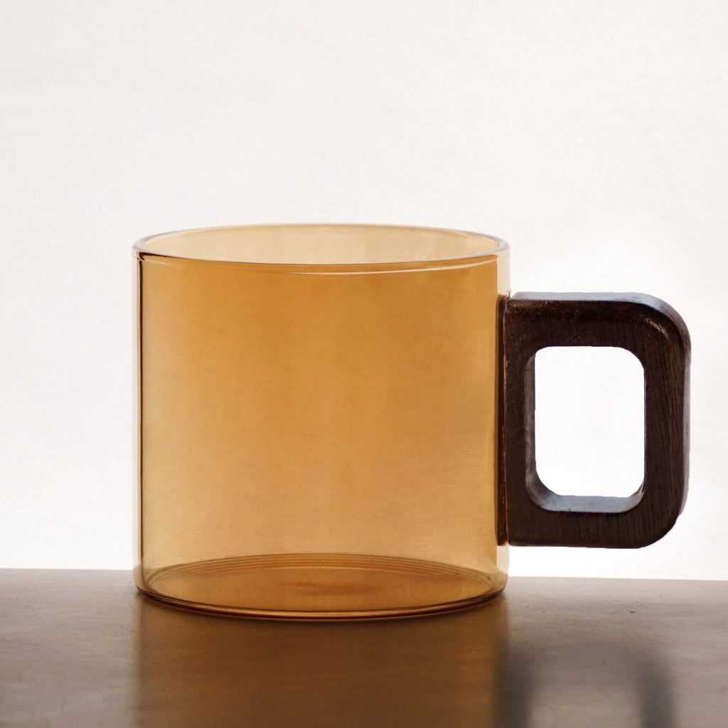 Amber Tinted Tea Cups With Wooden Handle Set Of 4 200ml Nestasia