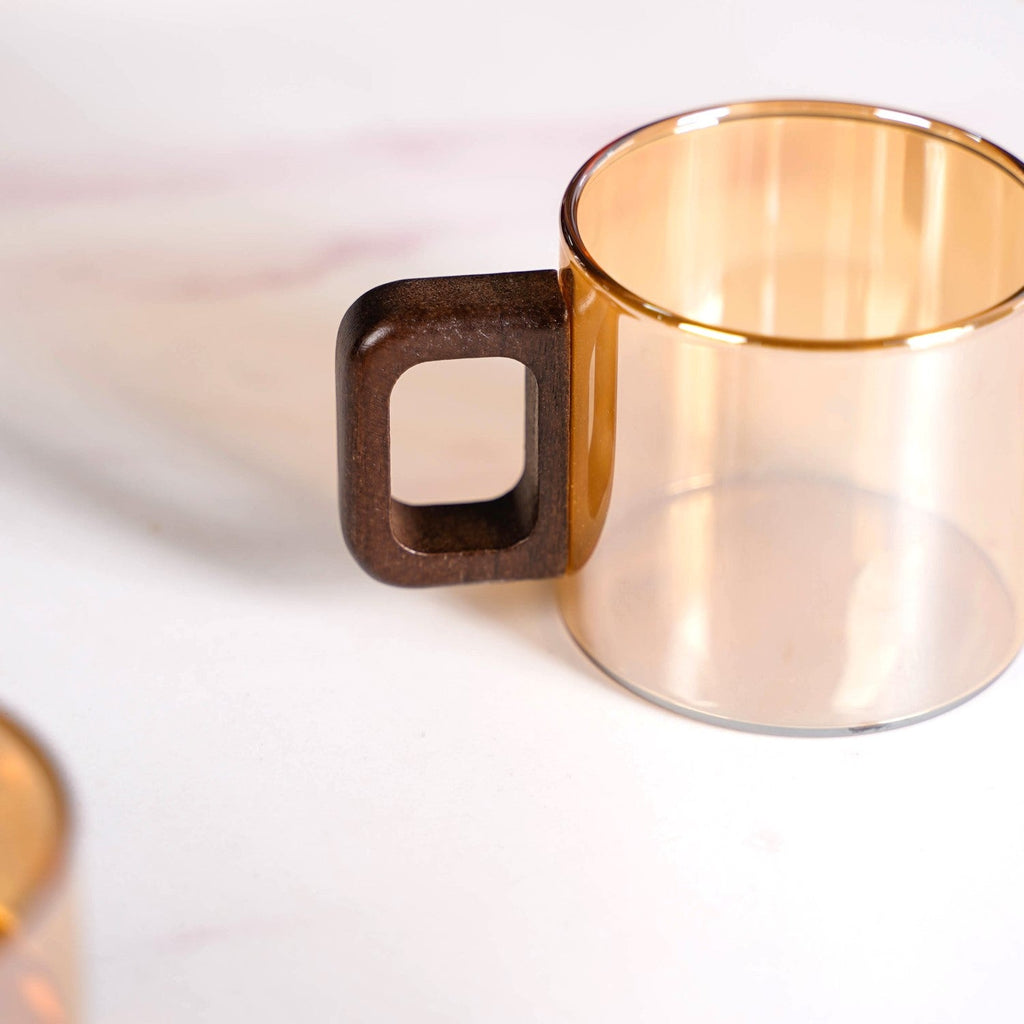 Amber Tinted Tea Cups With Wooden Handle Set Of 4 200ml Nestasia