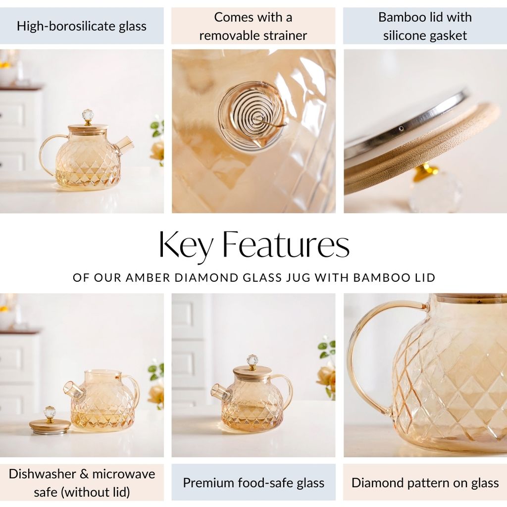 Amber Diamond Glass Jug with Bamboo Lid 1300ml Nestasia