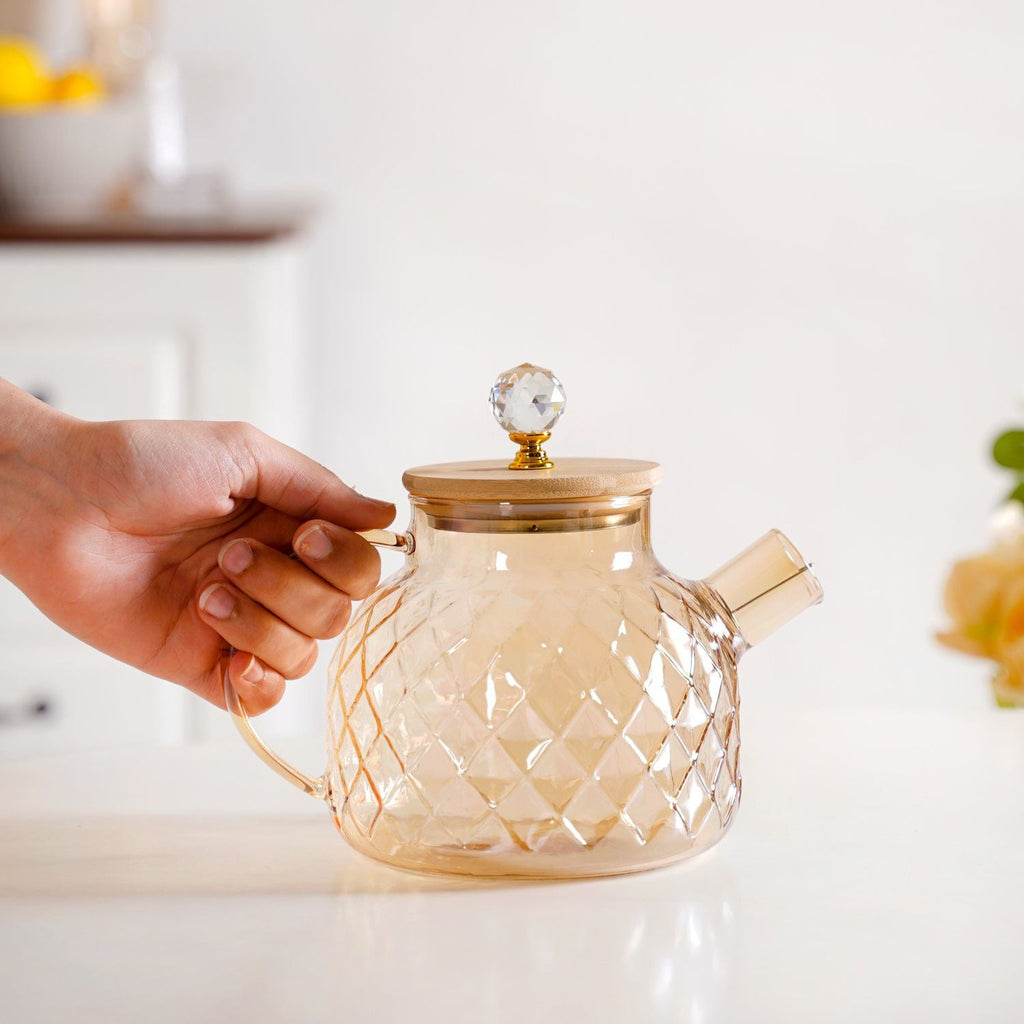 Amber Diamond Glass Jug with Bamboo Lid 1300ml Nestasia