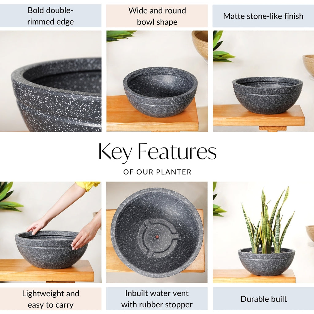 Planterra Granite Black Round Lotus Planter 15x7 Inch Nestasia